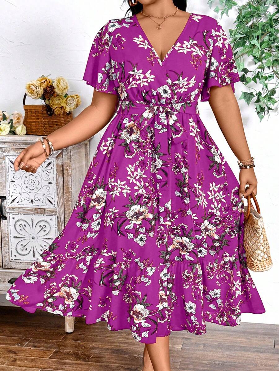 Breezaya Vestido de vacaciones de talla grande con estampado floral y ribete de volantes - Rosa Fucsia - Ver 1