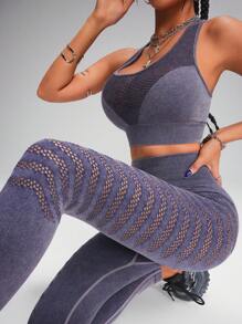 Innovista Violetter Wascheffekt Jeans-Look Nahtloses Sportset mit hoher Elastizität 2 Stücke für Damen, nahtloser Sport-BH mit mittlerer Stützfunktion und Racerback-Design sowie Push-up Effekt und Workout Biker Leggings Set, Alltagsoutfit & Workout Set, Yoga Set, Fitnessstudio Set, Laufoutfit, Herbst-Winter Tragekleidung, Pilates, Outdoor Yoga