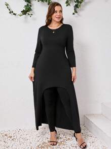 大码女式纯色圆领长袖不对称下摆上衣和裤子休闲两件套