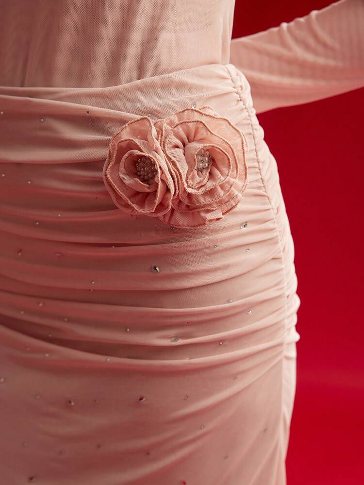 RHINESTONE DETAIL STEREO FLORAL SKIRT,VALENTINE'S DAY,SPRING/SUMMER