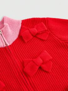 ROMWE Kawaii 3D Bow Dual-Tone Zipper Cardigan Sweater - Red - View 4