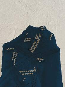 SHEIN LUNE Casual Off Shoulder Hollow Floral Loose Pullover Sweater, Relaxed Holiday Style - Navy Blue - View 7