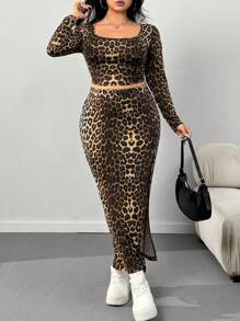 CovetEZ Plus Size Leopard Print T-Shirt + Long Skirt 2 Pieces Set, Spring - Multicolor - View 6