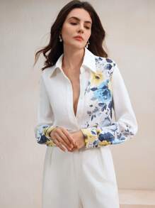 Anewsta Elegant Autumn Woven Digital Positioning Printed White Button Long Sleeved Shirt For Women Modesty Clothes Women