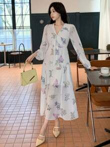 DAZY Floral Print Tie-Up Split Puff Sleeve Women's Mid-Length Dress,Fall Dress Long Sleeve Dress Boho Vacation Outfits Women - Beige - View 3