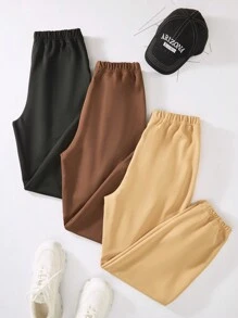 SHEIN 3 条青少年男孩简约休闲针织翻边裤 - 彩色 - 查看 2