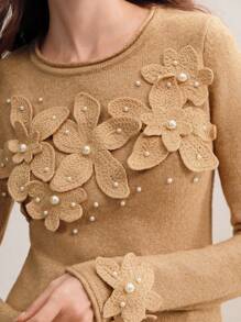 Anewsta 手工钩编串珠优雅修身卡其色女士毛衣，新年女士针织套头衫秋冬款