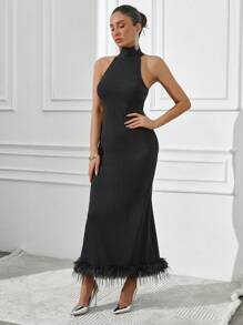 SHEIN Cottnline Elegant Commuting Solid Color Plush Hem Halter Long Dress - Black - View 6