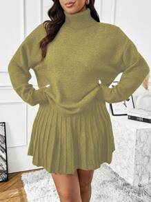 Flirla 1 conjunto de suéter informal de cuello de polo y falda de punto con textura de rayas verticales, talla grande, versátil, para uso diario y de trabajo - Verde Oliva - Ver 5