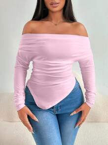 SHEIN Foxxy Camiseta de hombros descubiertos con hombreras recogidas y dobladillo asimétrico - Rosa - Ver 3