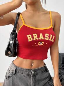 Muchica Letter Graphic Contrast Binding Cami Top Football Shirt - Red - View 6