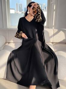 Al Najma 女式豹纹拼布长袖休闲宽松阿拉伯风格连衣裙，配头巾，端庄优雅，超长阿拉伯连衣裙 - 彩色 - 查看 5