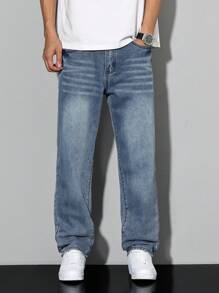 Manfinity Homme Men Straight Loose Fit Casual Pockets Denim Jeans - Blue - View 3