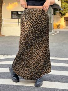 SHEIN EZwear Plus Size Leopard Print Fishtail Skirt, Casual & Fashionable For Everyday Wear