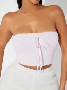 SHEIN SXY 毛绒蝴蝶结缎带抹胸上衣（粉色），秋冬款 - 粉色 - 查看 3