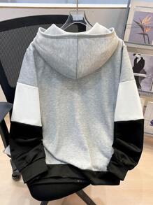 SHEIN 青少年男孩休閒寬鬆舒適百搭趣味拼接撞色連帽開襟運動外套，適合外出穿著 - 黑色 - 查看 2