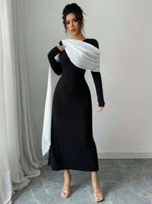 Rafferiza Vestido largo de mujer con cuello redondo de manga larga, asimétrico, de gasa transparente con empalmado de parches en blanco y negro, de estilo original nuevo para vacaciones, citas y fiestas, con cintura alta elástica y cremallera larga, elegante