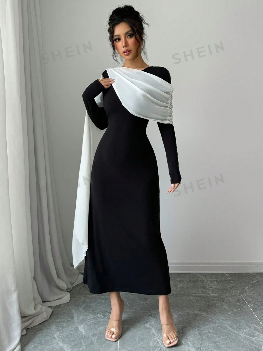 Rafferiza Vestido largo de mujer con cuello redondo de manga larga, asimétrico, de gasa transparente con empalmado de parches en blanco y negro, de estilo original nuevo para vacaciones, citas y fiestas, con cintura alta elástica y cremallera larga, elegante
