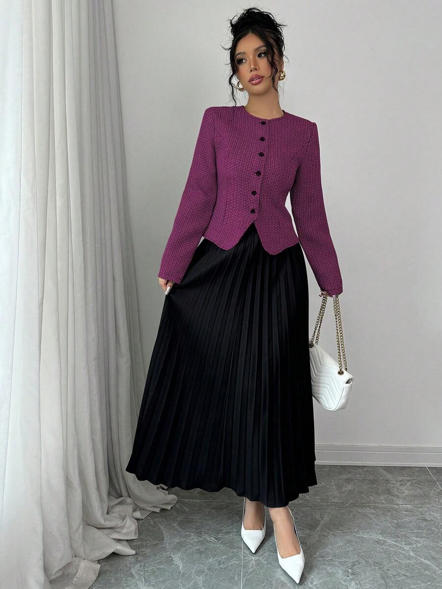 Elenzga 女士粗花呢长袖夹克和褶皱中长裙优雅两件套