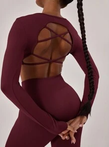 Musera Sport Cross Back Crop Long Sleeve Gym Top, Padel, Tennis, Pickleball Gym Fitness Winter - Burgundy - View 5