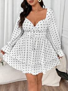 Flirla Robe à manches longues douce avec volants en jacquard 3D à pois, romantique pour la Saint-Valentin, rose, cœur, pois, amour, lèvre, cupidon, fleur 3D - Noir et Blanc - Voir 6