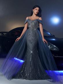 Glamrae 优雅、华丽、奢华的深灰色不对称领口，人造珍珠亮片网眼镶嵌美人鱼尾巴，宽下摆，网眼适合婚礼活动、单身派对、节日舞会、正式场合、晚礼服、婚礼宾客礼服、派对礼服、晚礼服