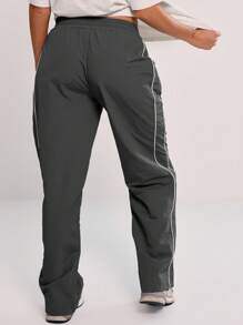 MUSERA 弹力腰带撞色滚边喇叭裤宽松休闲长裤，适合返校季穿着，舒适百搭，街头风运动裤/慢跑裤/家居裤，春季穿搭 - 深灰色 - 查看 4