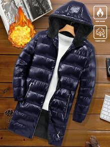 Manfinity Homme Men's Hooded Long Length Padded Winter Coat, Glossy Quilted Coat For Autumn/Winter - Royal Blue - View 4