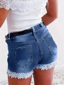 Stretchy Lace Pocket Skinny Denim Shorts For Women - Medium Wash - View 2
