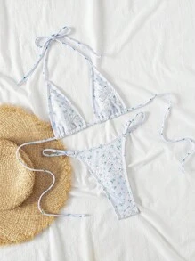 Swim SXY 夏季沙滩碎花蕾丝微三角杯比基尼套装音乐节两件套比基尼性感比基尼 - 白色 - 查看 5