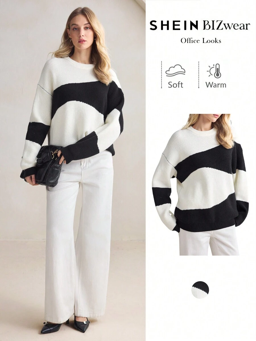 BizChic 黑白撞色毛衣上衣，女士办公室通勤，优雅新年，春夏，约会 - 黑與白 - 查看 1