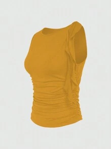 INAWLY Women's Solid Color Round Neck Twist Pleated Fitted Yellow Tank Top