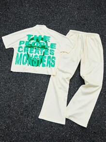 PAVTROS 男士青春街头INS热卖绿色大眼人物超大图案字母双面印花宽松长裤短袖立领T恤套装。男士两件套服装，说唱歌手服装 - 彩色 - 查看 2