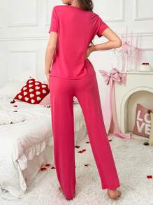 心形与字母图案短袖和长裤女士睡衣套装 - 粉色 - 查看 3