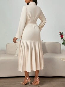SHEIN Lady Women Mid-Length Solid Color Long Sleeve Casual Dress, Minimalist Fashion For Everyday Wear Spring Autumn And Winter Elegant Commuting Wedding Office Pleated Belted Button Front Formal Dress Professional Elegant Dress