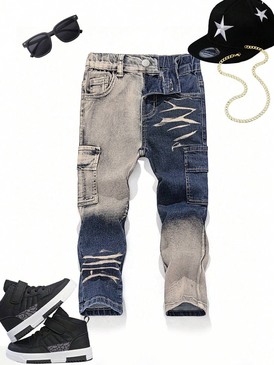 SHEIN Pantalones de mezclilla tipo cargo para niños con bolsillos, estilo retro, desgastados y vintage, con tela elástica, azul y amarillo, casual y versátil para atuendos diarios de niños en otoño/invierno