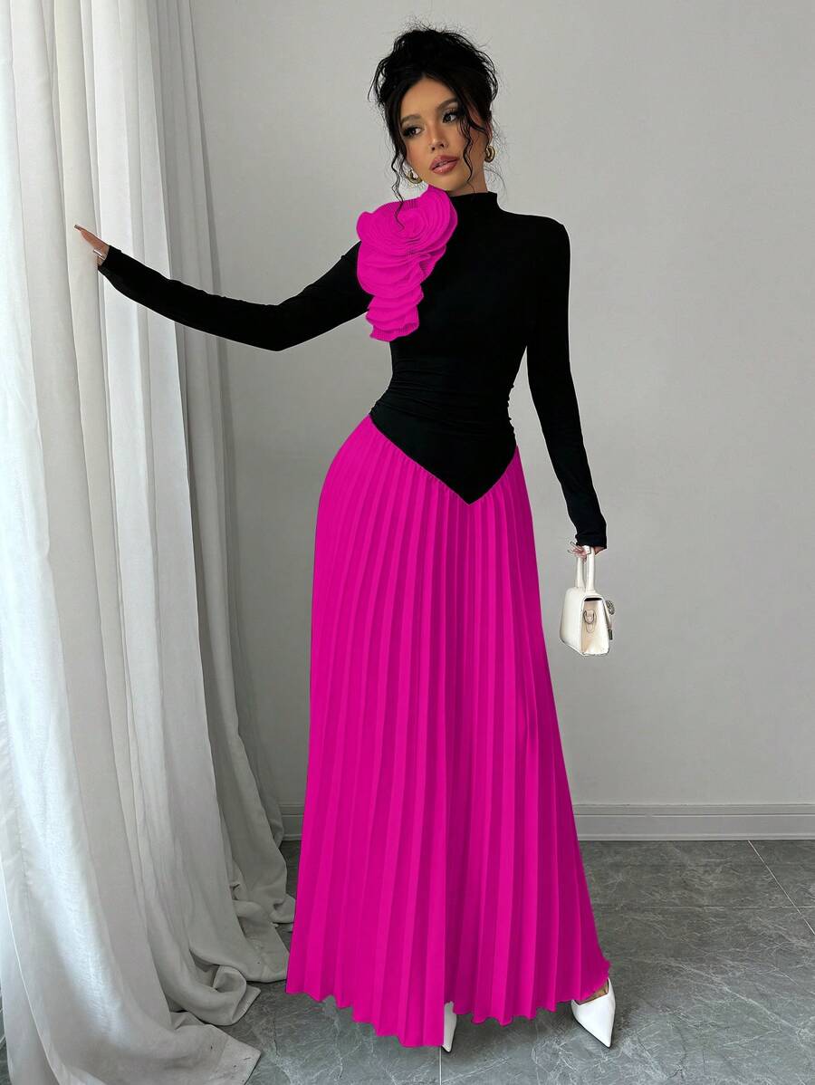 Selianne Asymmetrical Pleated Contrast Color 3D Floral Women Dress Fall Cloth For Women - Hot Pink - View 1