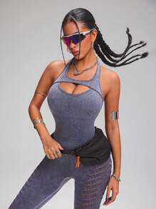 Innovista Combinaison de sport avec structure en filet respirante à effet denim lavé violet, contrôle du ventre et levage des fesses. Combinaisons pour femmes, tenues de sport, automne hiver - Prune - Voir 4