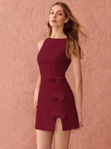 Enchnt Winter/Spring Romantic Women's Claret Red Cute Bow Decor Sleeveless Mini Dress, Sweet&Elegant For Christmas Party&New Years&Birthday&Holiday Outfit &Valentine's Day&Sweet Date Night&Daily Commuting, Dress