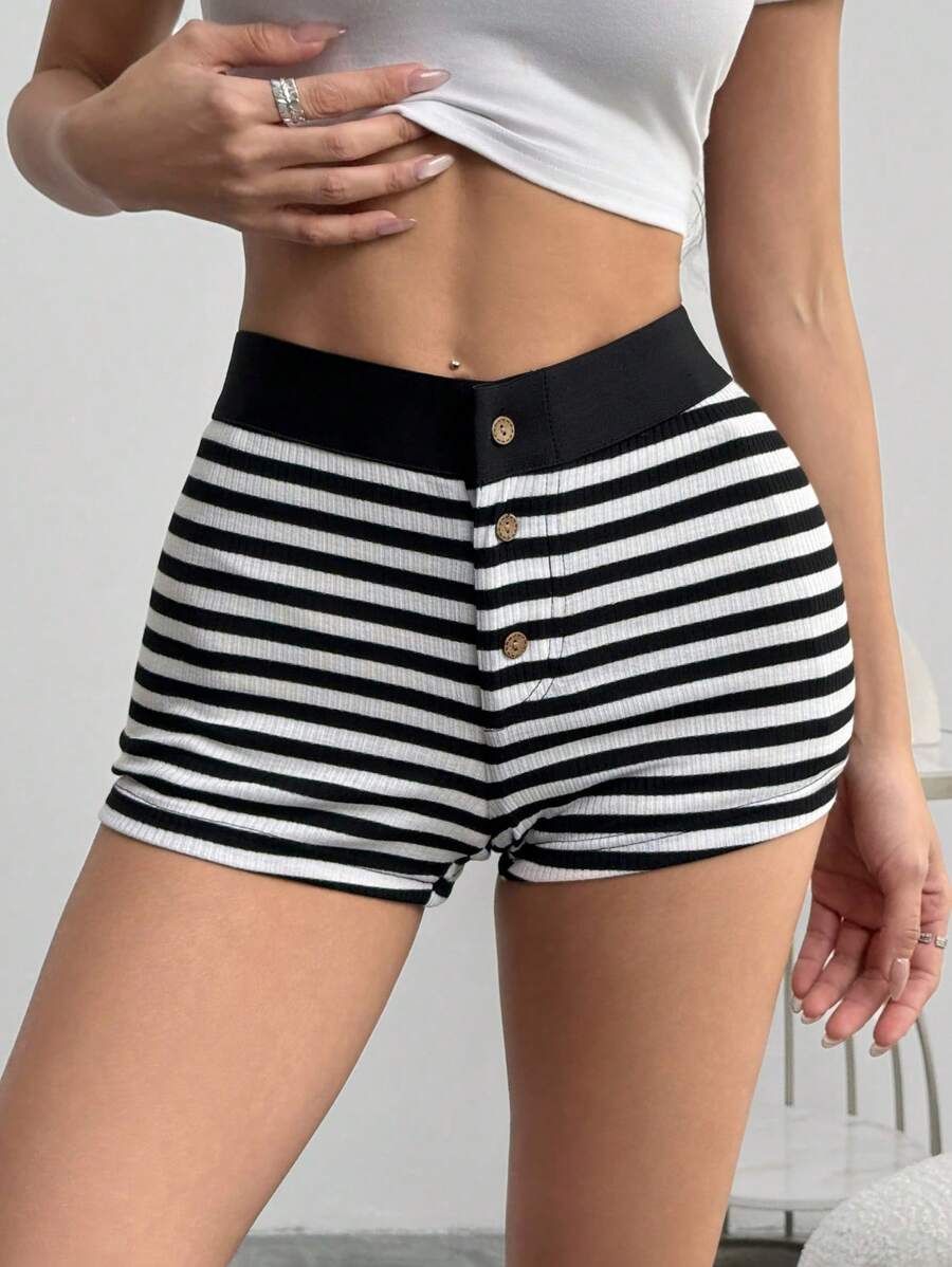 SHEIN EZwear 女士休闲针织条纹低腰紧身超短裤女士家居服女士紧身裤秋季女士短裤 - 黑色 - 查看 1