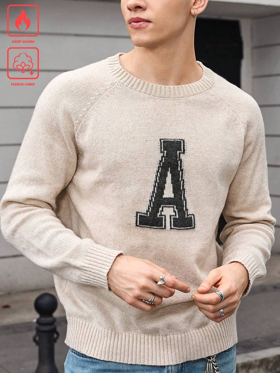 Manfinity Hypemode Men's Letter Jacquard Pattern Casual Crew Neck Long Sleeve Pullover Sweater, Versatile