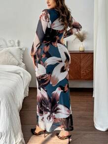 SHEIN CURVE+ Plus Size Women Floral Print Round Neck Long Sleeve Fitted Elegant Dress,Graduation Dress,Wedding Guest Dress Women,Bohemia