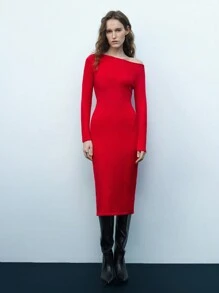 Maija Women's Red Elegant Autumn Party Knit Dress,Bordeaux Asymmetric Neck Loose Raglan Long Sleeve Floral Textured Midi Dresses,Valentine's Day Apparel - Burgundy - View 6