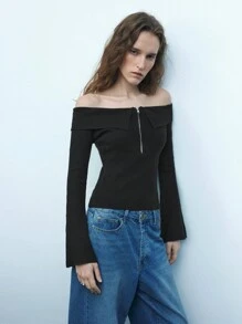 Maija 女士黑色露肩镂空金属拉链喇叭袖优雅时尚性感休闲节日短款毛衣上衣节日 - 黑色 - 查看 4