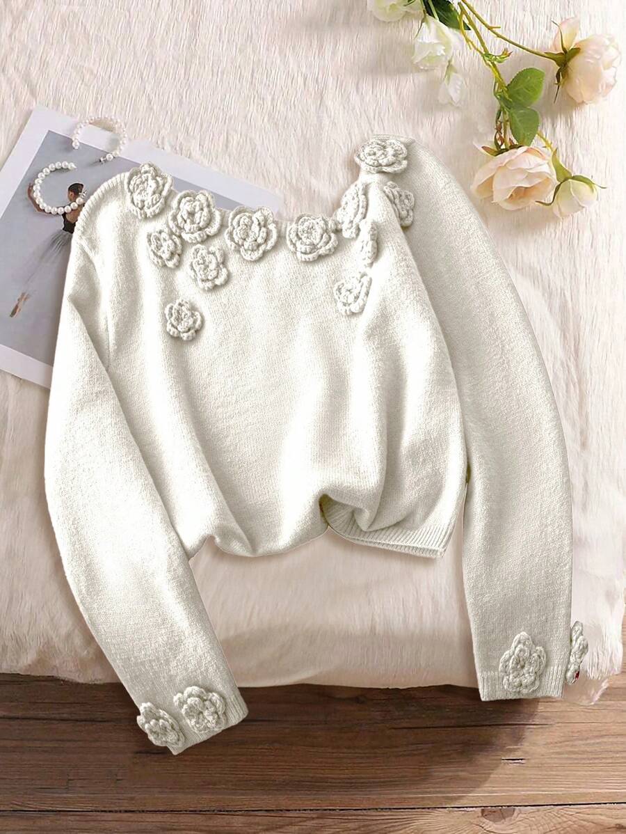 SHEIN Unity 大码女式纯色花卉浪漫针织毛衣,秋冬针织套头衫 - 米色 - 查看 1