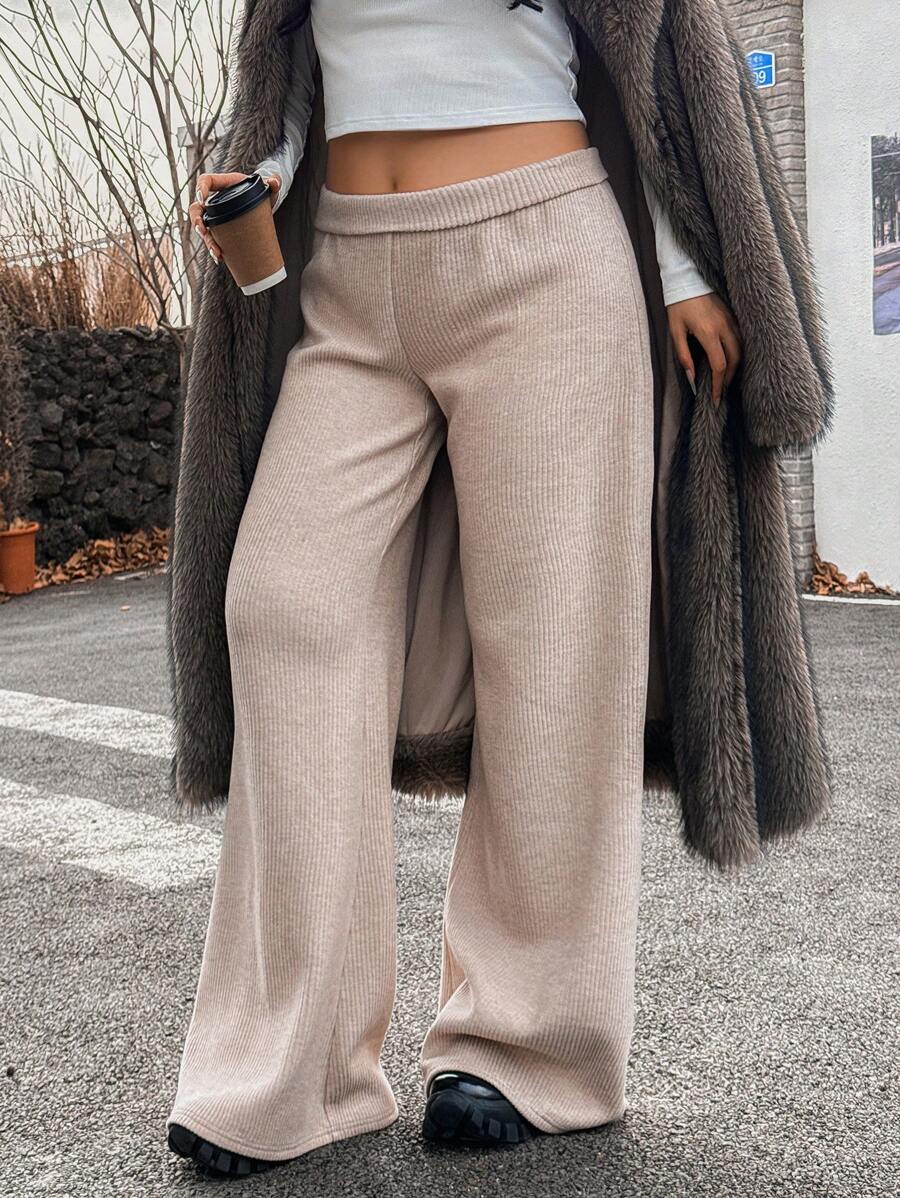 INAWLY Plus Size Women's Solid Color Fold-Over Waist Straight Loose Casual Pants Fall Cloth For Women - Khaki - View 1
