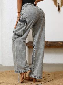 SHEIN LUNE Jeans amples à jambes larges, à cordon de serrage, à poches multiples, coupe décontractée pour femme