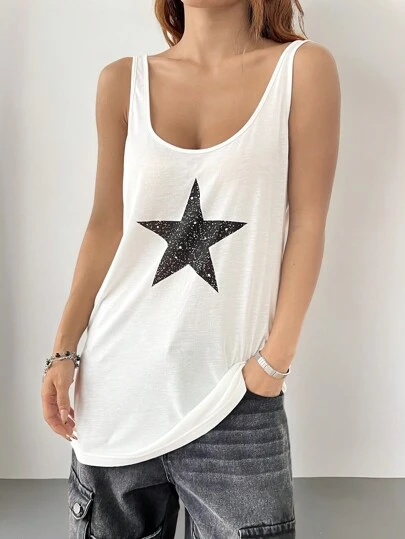 Coolane Women's Loose Fit White Tank Top With Star Pattern And Open Back/Halter Top