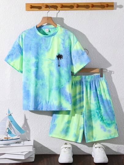 SHEIN Tween Boy Tie-Dye Short Sleeve T-Shirt And Shorts Set, Vacation