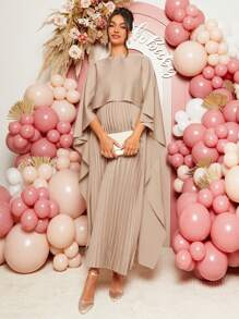 Loomaby Váy bầu cổ xếp ly màu trơn thanh lịch cho bà bầu, dự tiệc mừng em bé chào đời - Màu nâu  Mocha - Xem 4